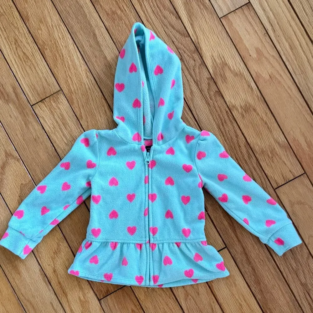 The Children's Place Girls Blue Fleece Zip Up Heart Hoodie Jacket Peplum Size 2T
